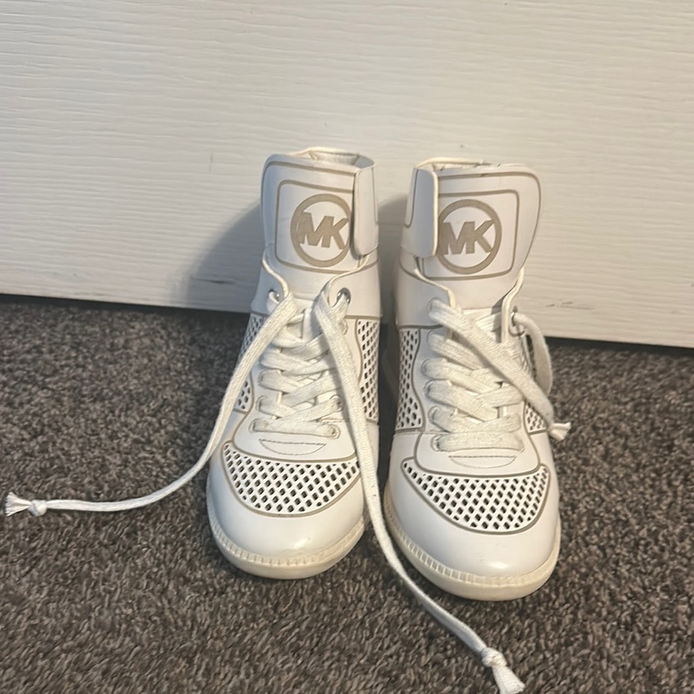 Michael Kors White High-Top Sneakers with Leather Upper and Perforated Toe